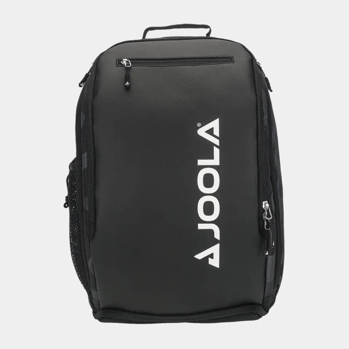 Front view of the JOOLA Vision II Deluxe Backpack in Black - Stylish and spacious sports bag